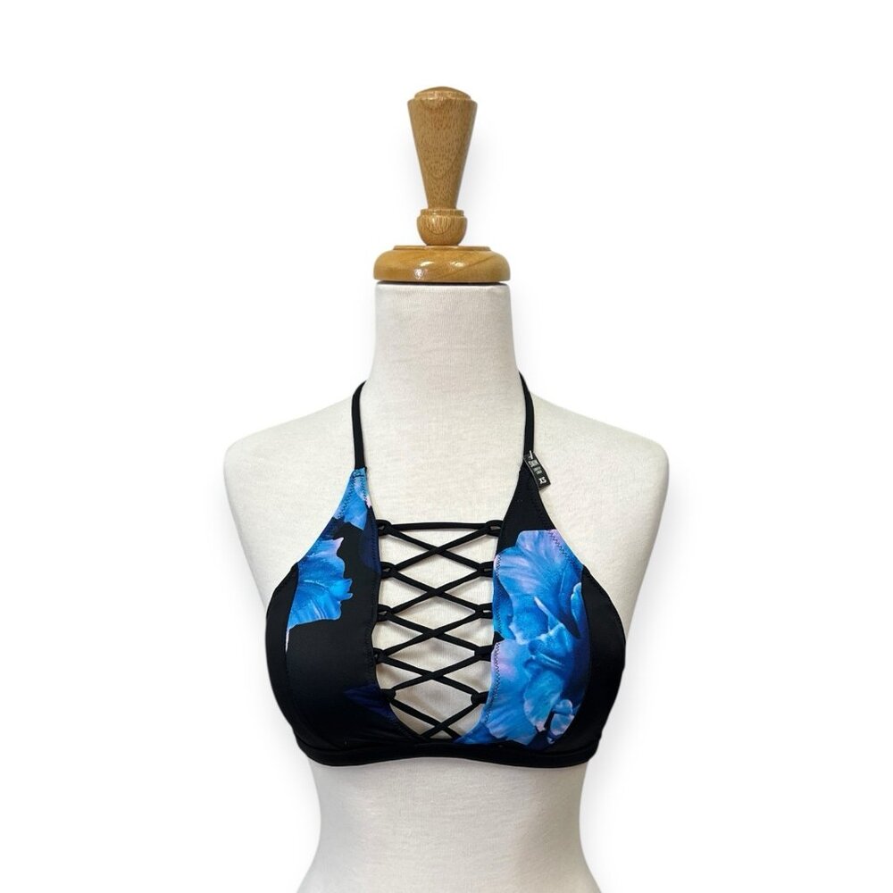 Victorias Secret VS Pink Lace Up Front Bikini Top Size Xs Black and Blue
